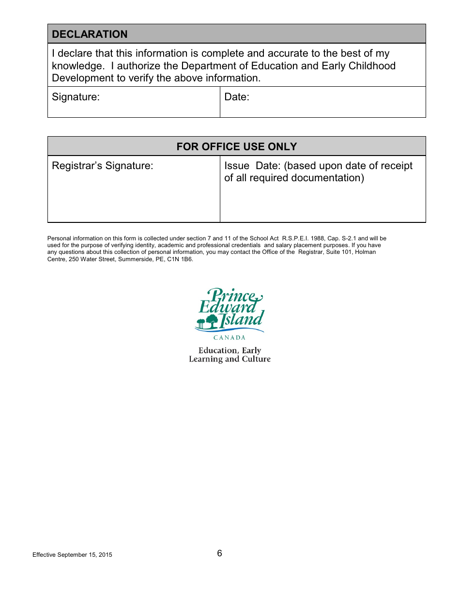 Form AD-INC ED Application for an Additional Designation in Inclusive Education to an Academic Pei Teachers Certificate - Prince Edward Island, Canada, Page 6