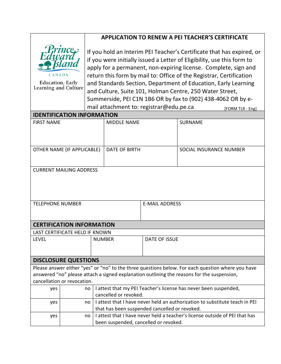 Application to Renew a Pei Teachers Certificate - Prince Edward Island, Canada, Page 1