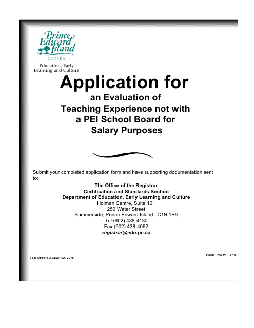 Form WE1 Application for an Evaluation of Teaching Experience Not With a Pei School Board for Salary Purposes - Prince Edward Island, Canada