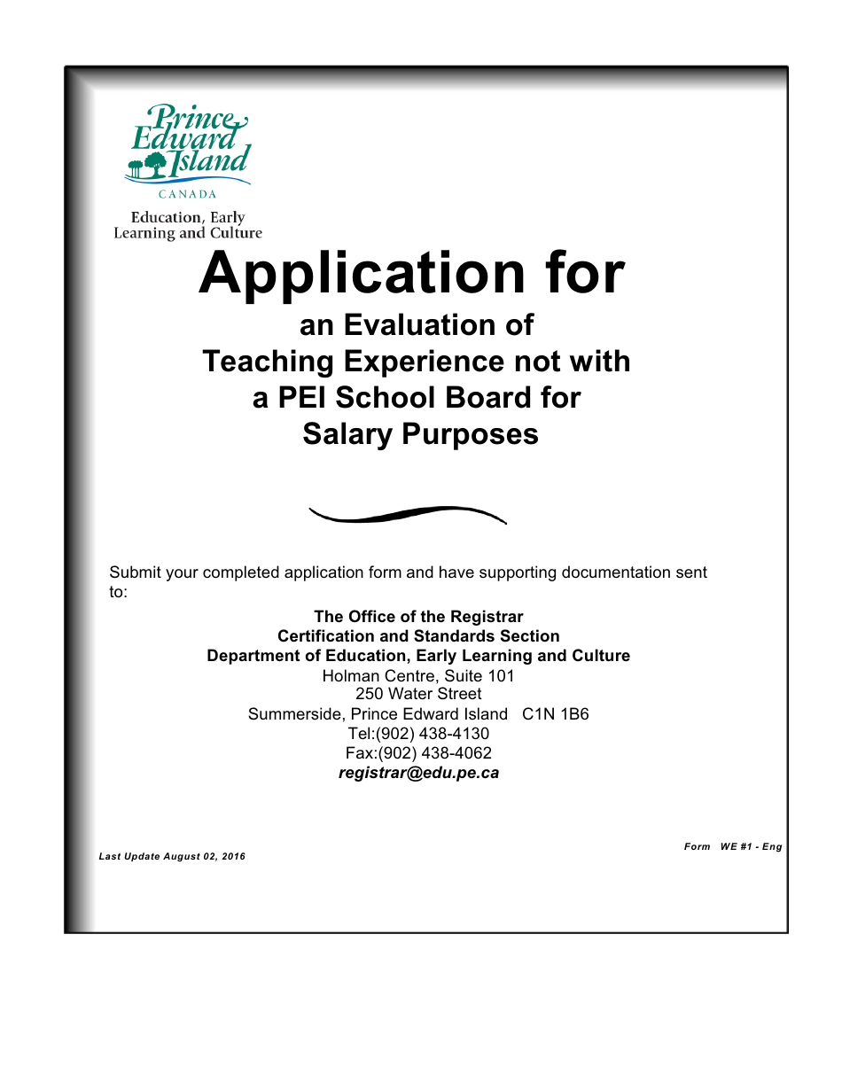 Form WE1 Application for an Evaluation of Teaching Experience Not With a Pei School Board for Salary Purposes - Prince Edward Island, Canada, Page 1