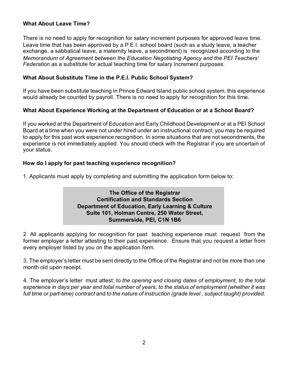 Form WE1 Application for an Evaluation of Teaching Experience Not With a Pei School Board for Salary Purposes - Prince Edward Island, Canada, Page 3