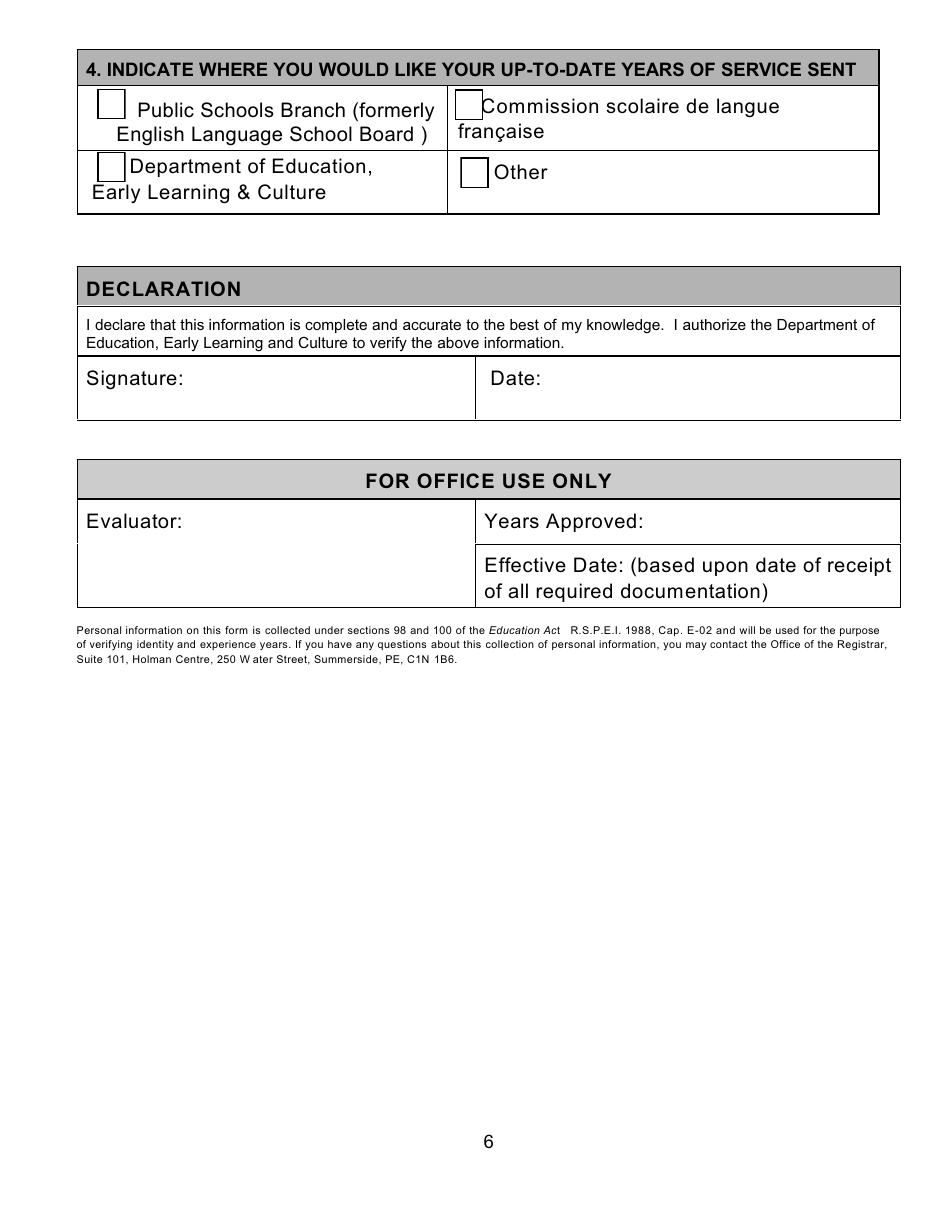 Form WE1 Application for an Evaluation of Teaching Experience Not With a Pei School Board for Salary Purposes - Prince Edward Island, Canada, Page 7