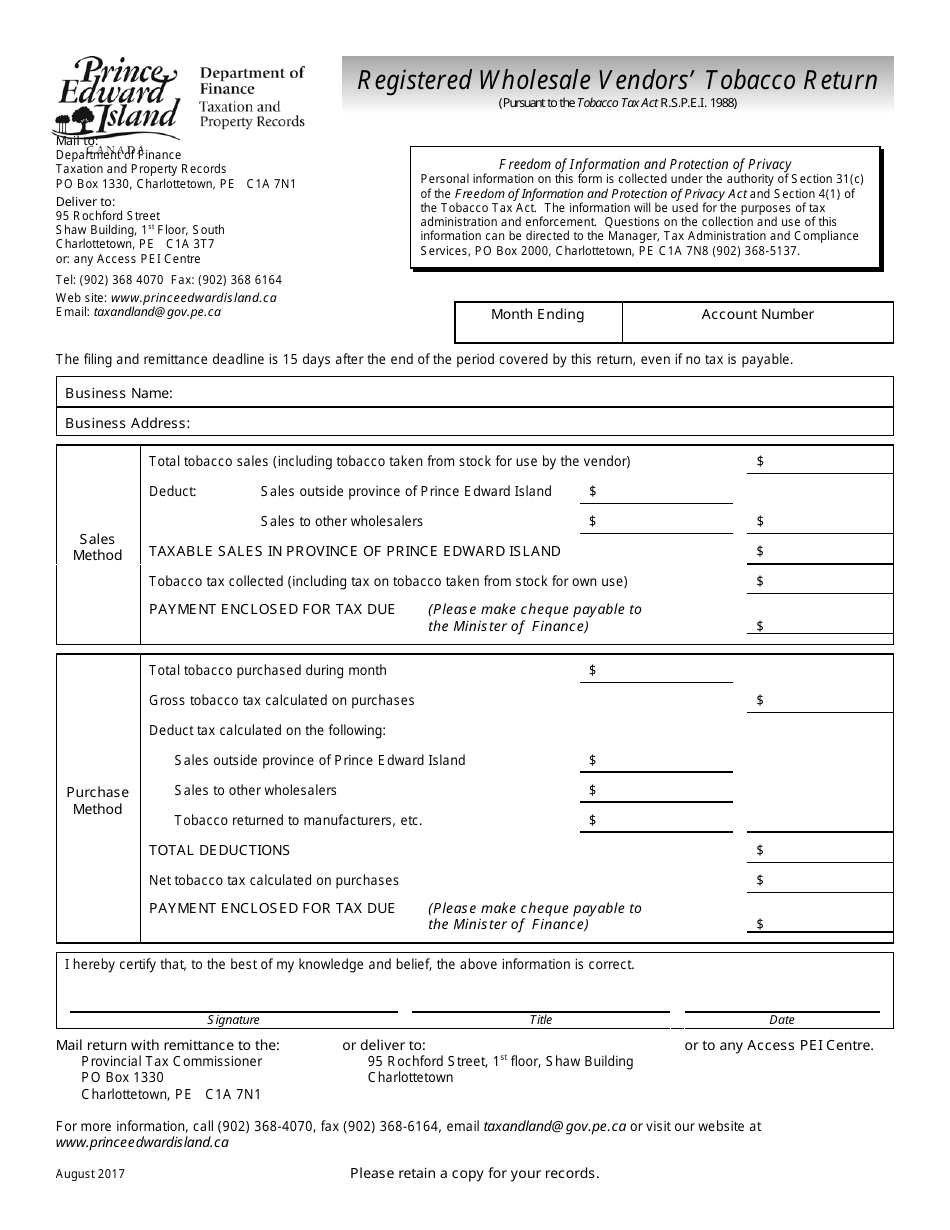 Prince Edward Island Canada Registered Wholesale Vendors' Tobacco