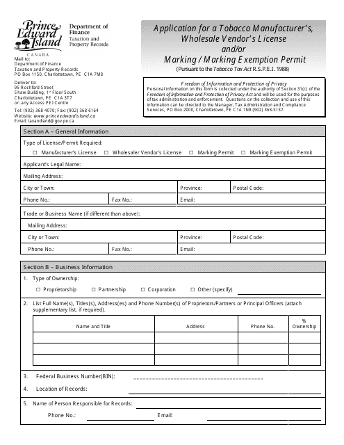 Application for a Tobacco Manufacturer's, Wholesale Vendor's License and / or Marking / Marking Exemption Permit - Prince Edward Island, Canada Download Pdf