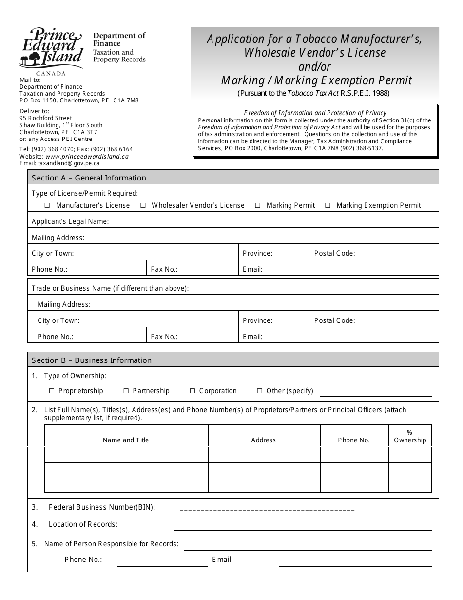 Application for a Tobacco Manufacturers, Wholesale Vendors License and / or Marking / Marking Exemption Permit - Prince Edward Island, Canada, Page 1