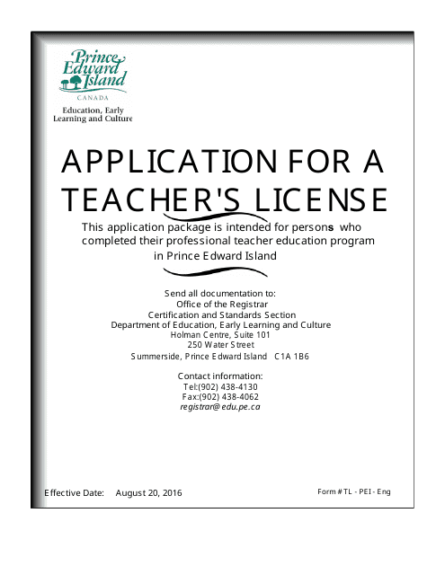 Form TL - PEI - ENG Application for a Teacher's License - Prince Edward Island, Canada