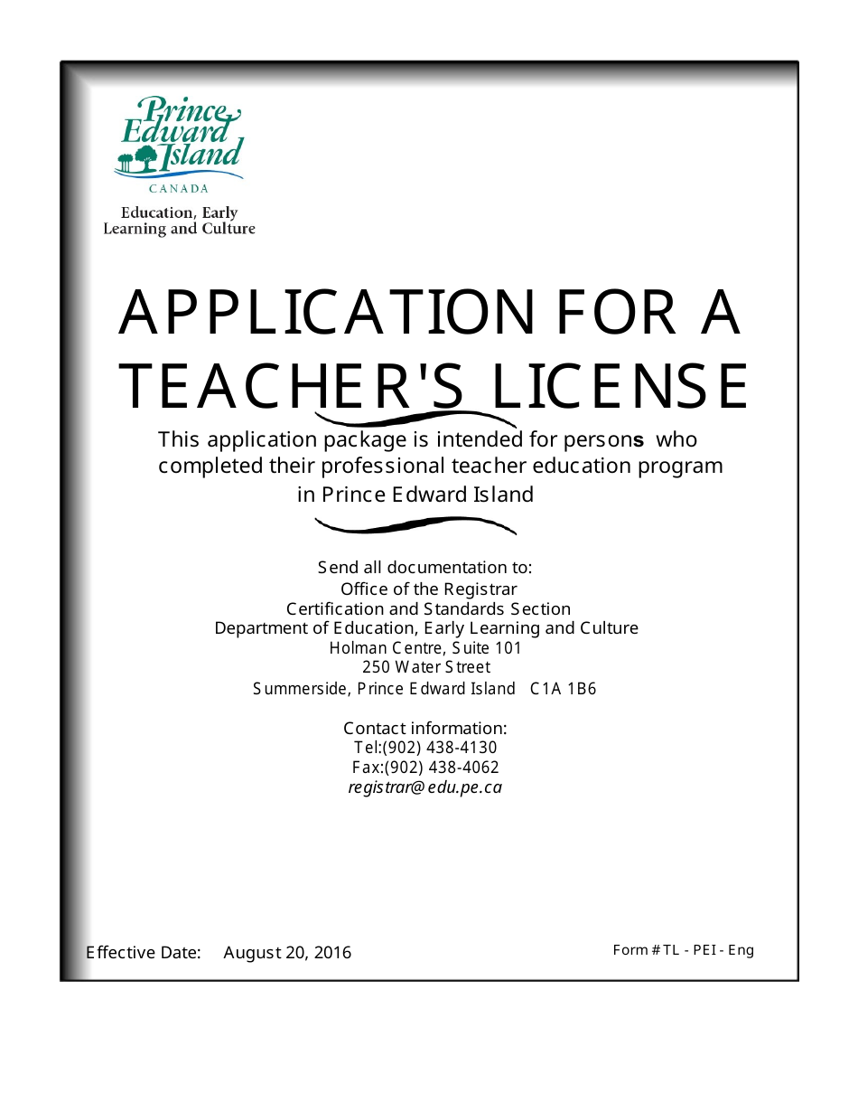 Form TL - PEI - ENG Application for a Teachers License - Prince Edward Island, Canada, Page 1