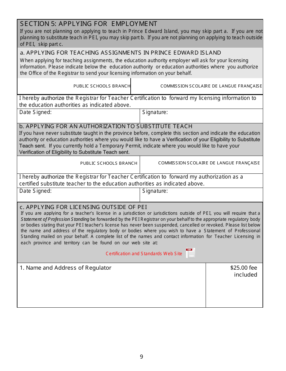 Form TL - PEI - ENG Application for a Teachers License - Prince Edward Island, Canada, Page 9