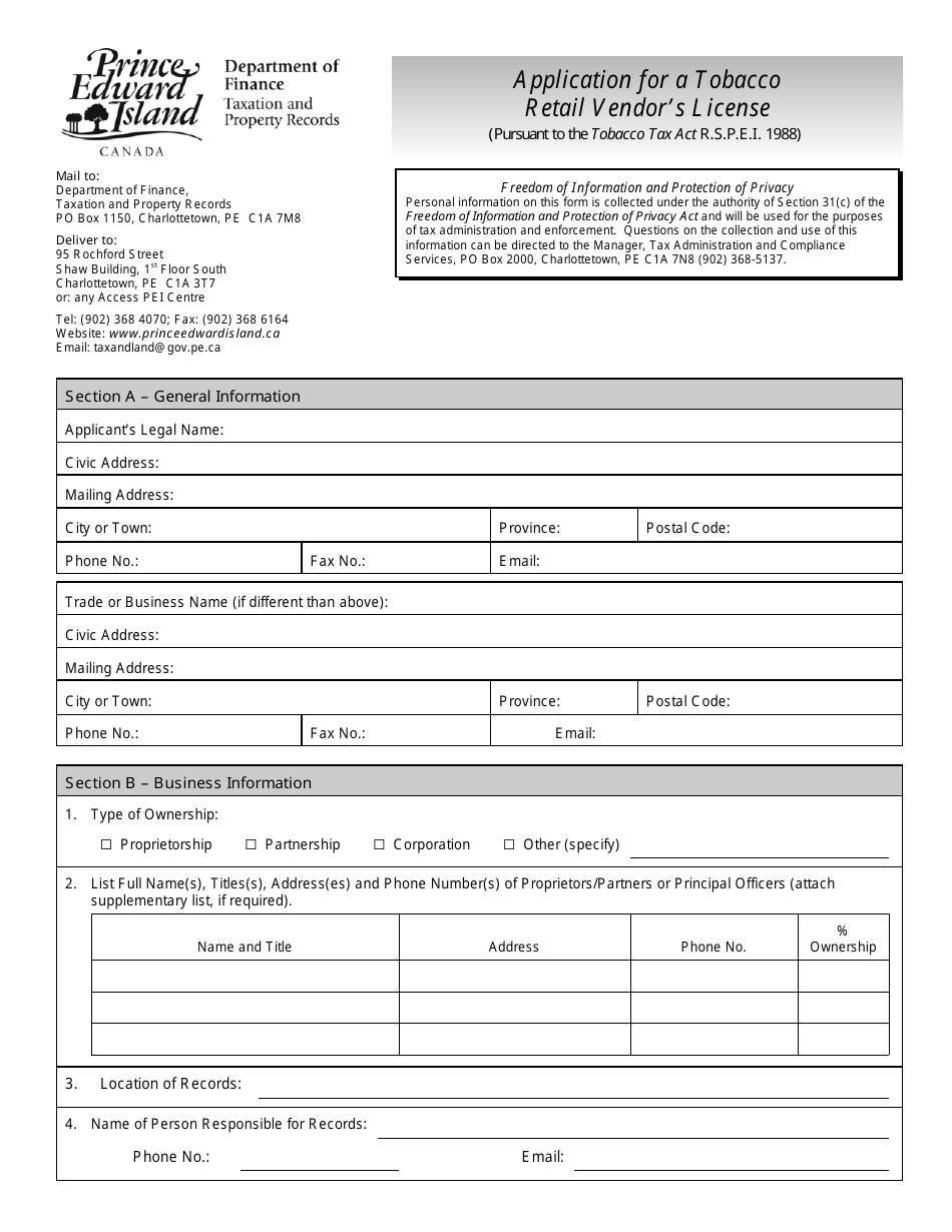 Application for a Tobacco Retail Vendors License - Prince Edward Island, Canada, Page 1