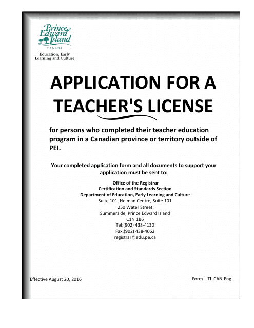 Form TL-CAN-ENG Application for a Teacher's License - Prince Edward Island, Canada