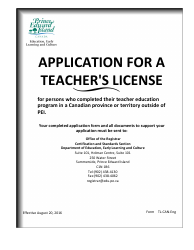 Form TL-CAN-ENG Application for a Teacher&#039;s License - Prince Edward Island, Canada