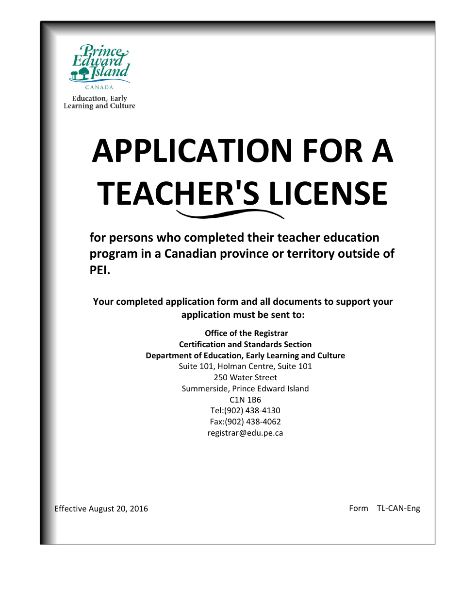 Form TL-CAN-ENG Application for a Teachers License - Prince Edward Island, Canada, Page 1