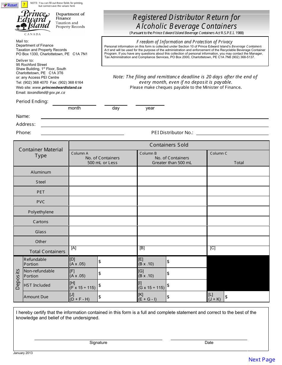 Registered Distributor Return for Alcoholic Beverage Containers - Prince Edward Island, Canada, Page 1