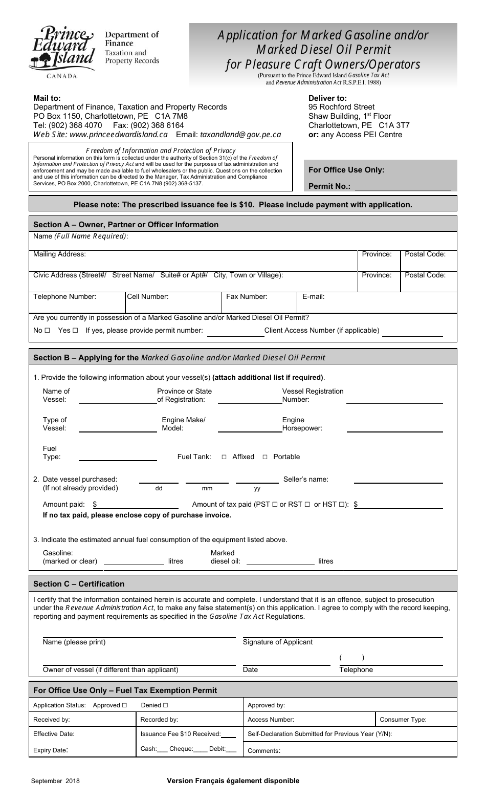 Application for Marked Gasoline and / or Marked Diesel Oil Permit for Pleasure Craft Owners / Operators - Prince Edward Island, Canada, Page 1