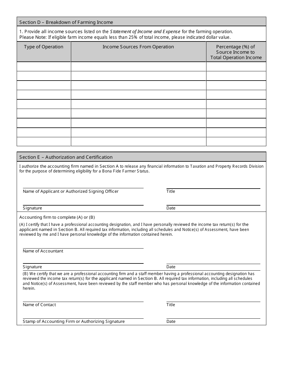 Declaration of Income for Bona Fide Farmer Status - Prince Edward Island, Canada, Page 2