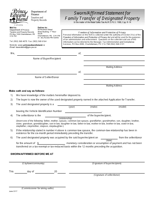 Sworn / Affirmed Statement for Family Transfer of Designated Property - Prince Edward Island, Canada Download Pdf