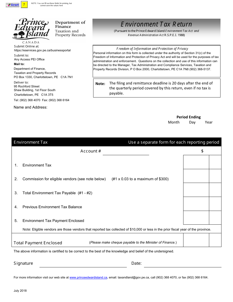 Environment Tax Return - Prince Edward Island, Canada, Page 1