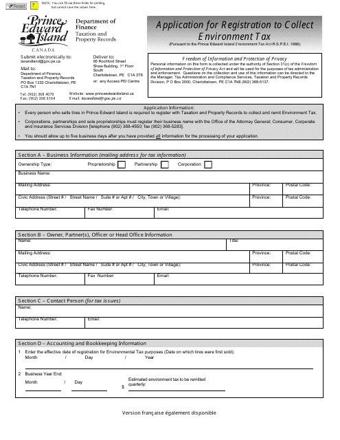 Application for Registration to Collect Environment Tax - Prince Edward Island, Canada Download Pdf
