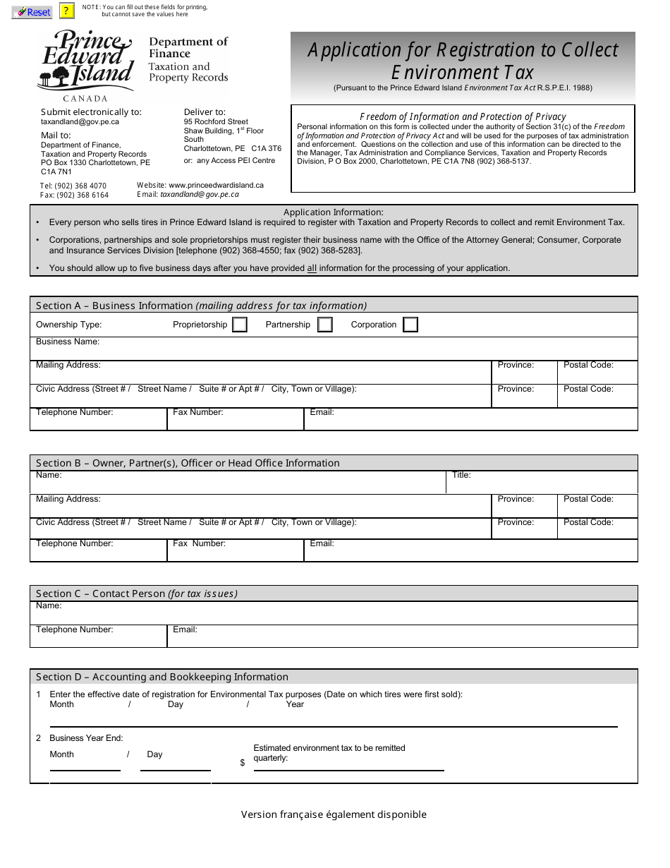 Application for Registration to Collect Environment Tax - Prince Edward Island, Canada, Page 1