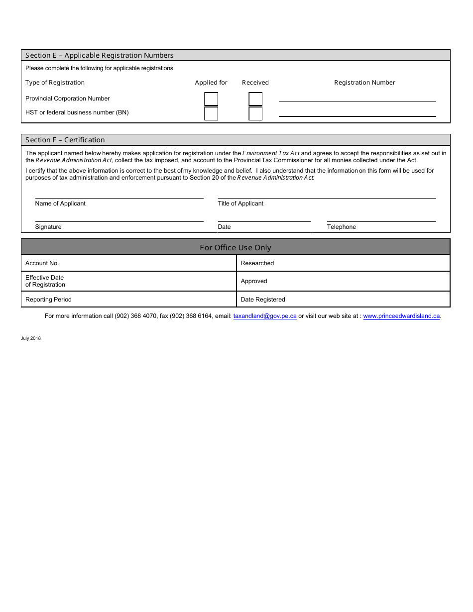 Application for Registration to Collect Environment Tax - Prince Edward Island, Canada, Page 2