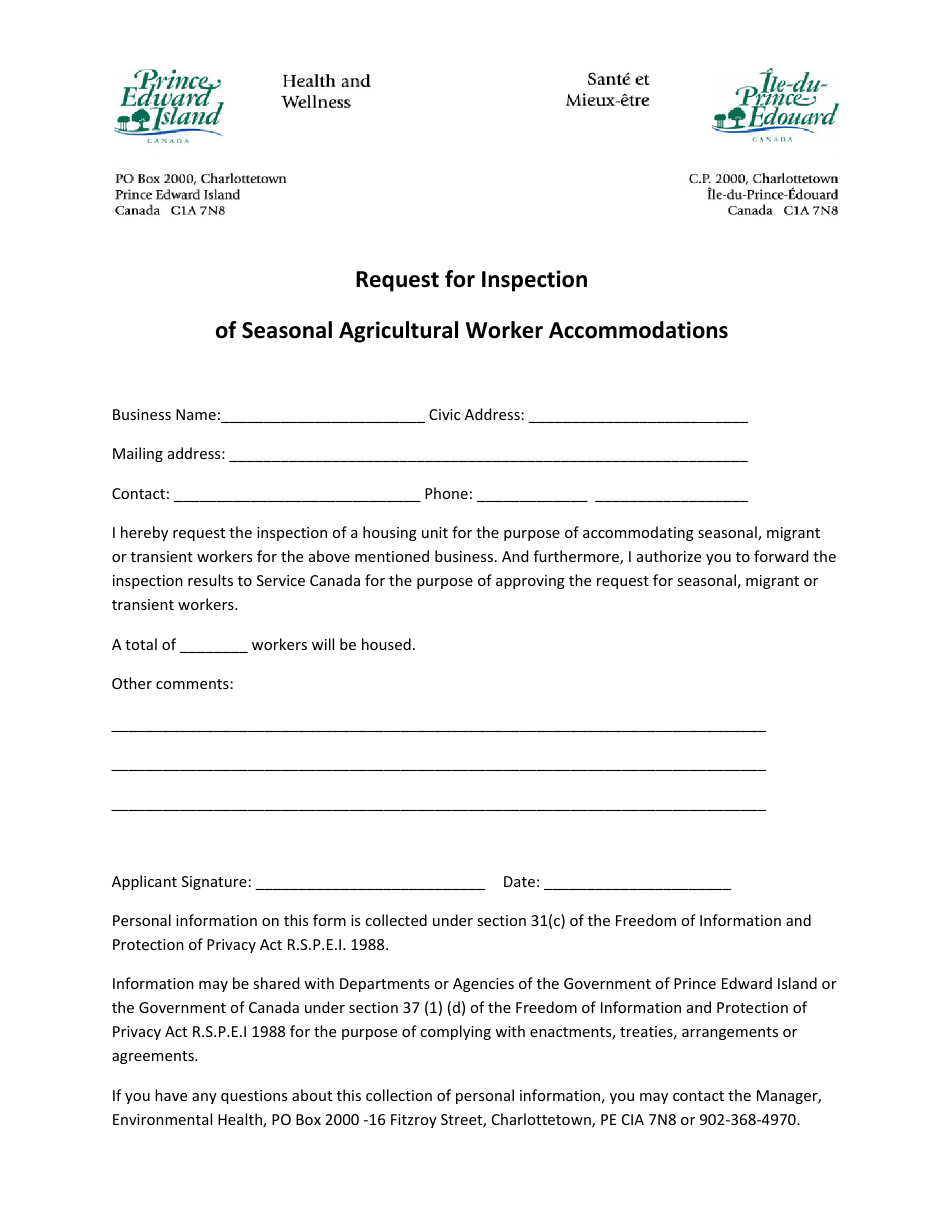 Request for Inspection of Seasonal Agricultural Worker Accommodations - Prince Edward Island, Canada, Page 1
