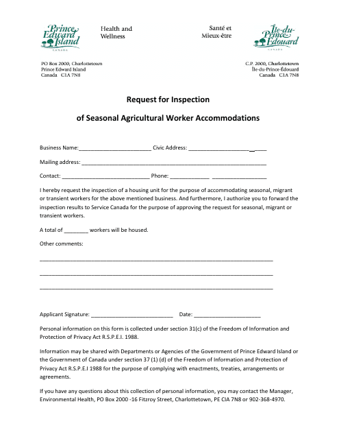 Request for Inspection of Seasonal Agricultural Worker Accommodations - Prince Edward Island, Canada Download Pdf