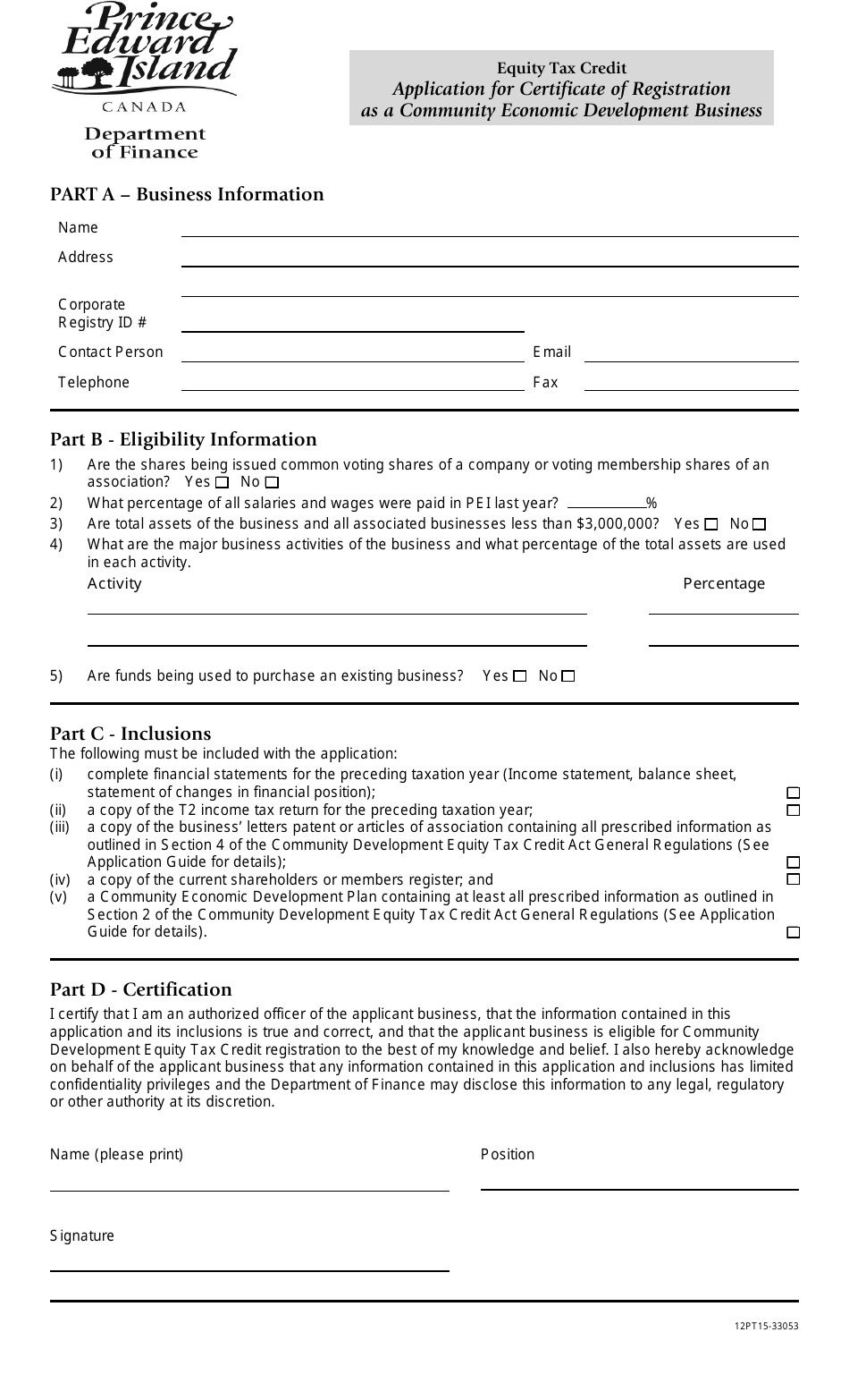 Application for Certificate of Registration as a Community Economic Development Business - Prince Edward Island, Canada, Page 1