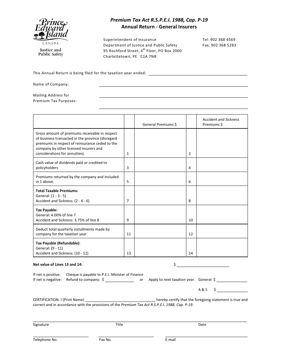 Prince Edward Island Canada General Premium Tax Annual Return Fill Out, Sign Online and