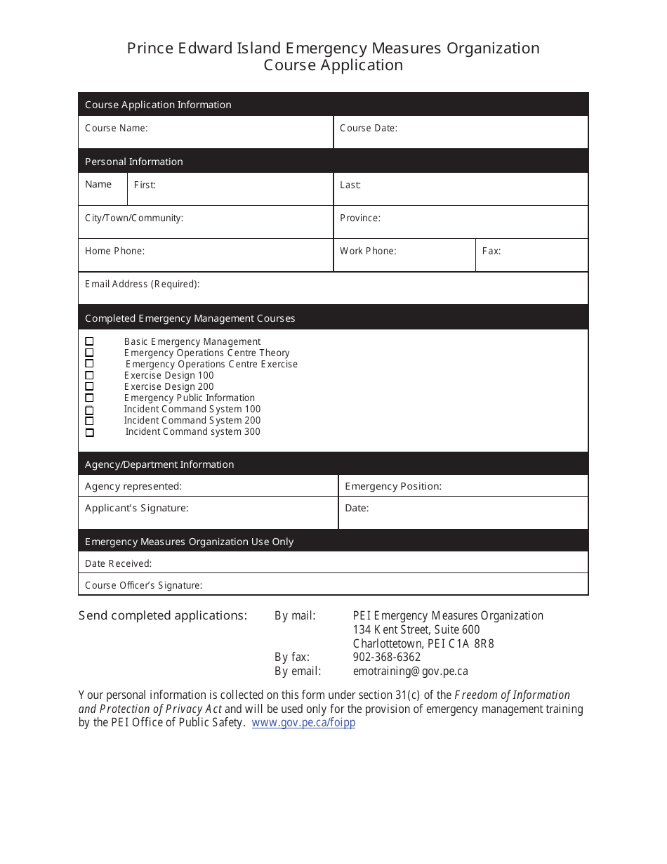 Prince Edward Island Emergency Measures Organization Course Application - Prince Edward Island, Canada, Page 1