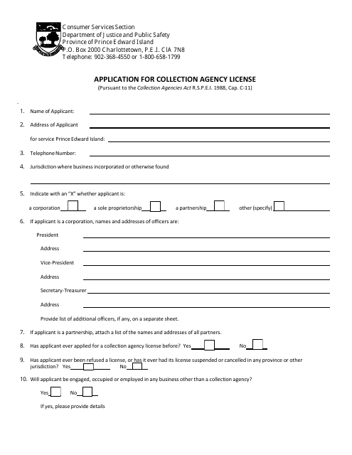 Application for Collection Agency License - Prince Edward Island, Canada Download Pdf