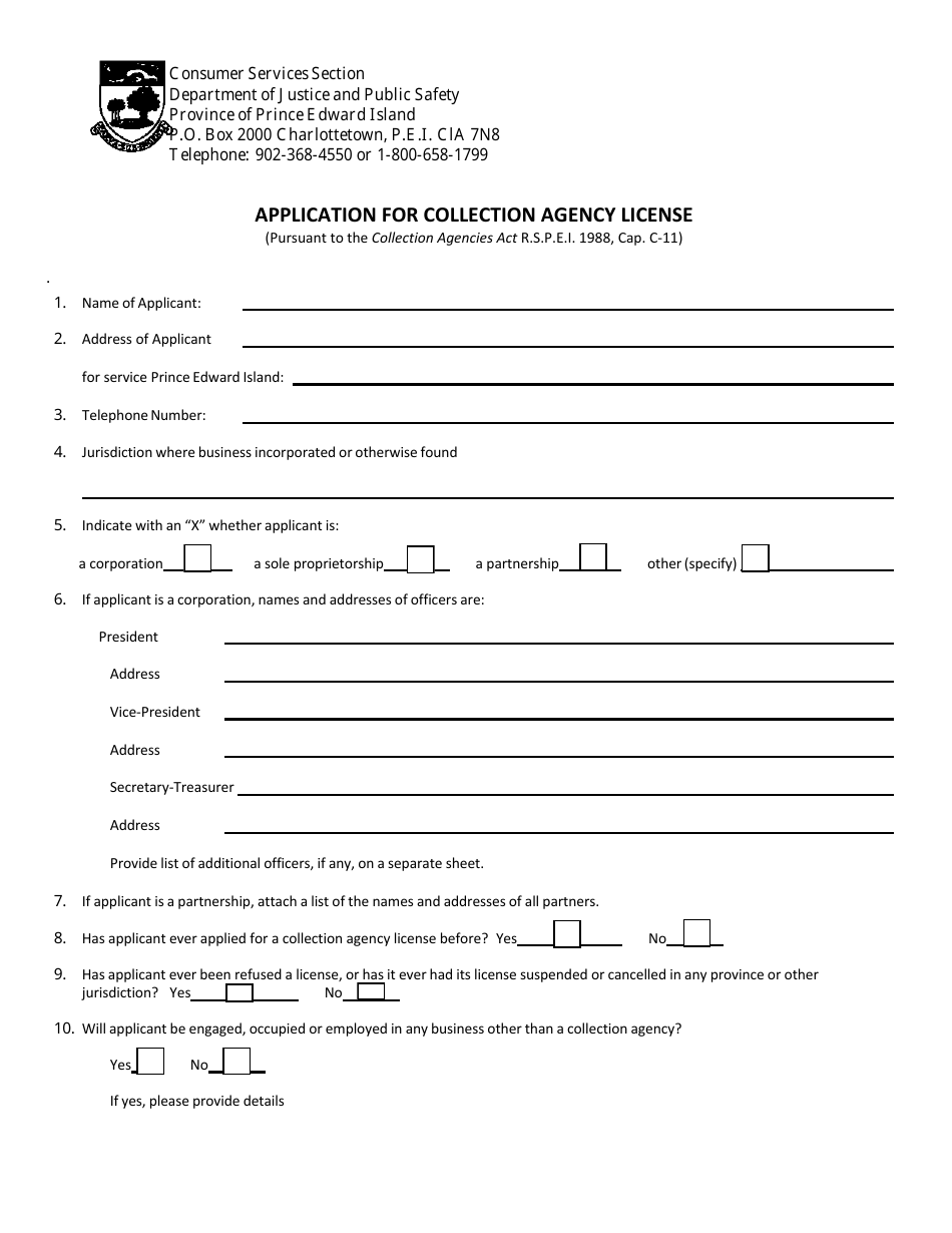 Application for Collection Agency License - Prince Edward Island, Canada, Page 1