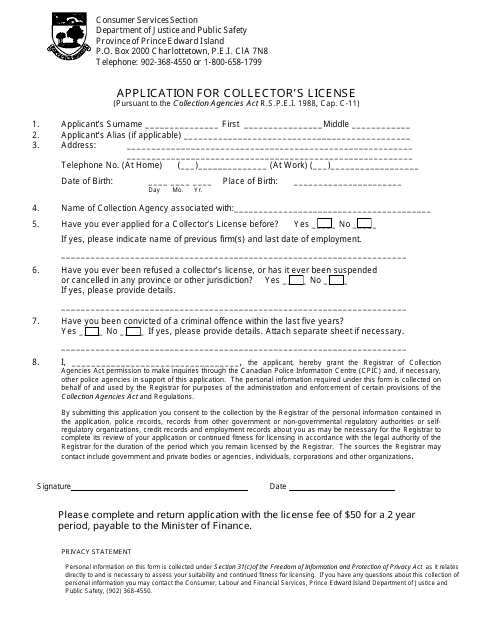 Application for Collector's License - Prince Edward Island, Canada Download Pdf