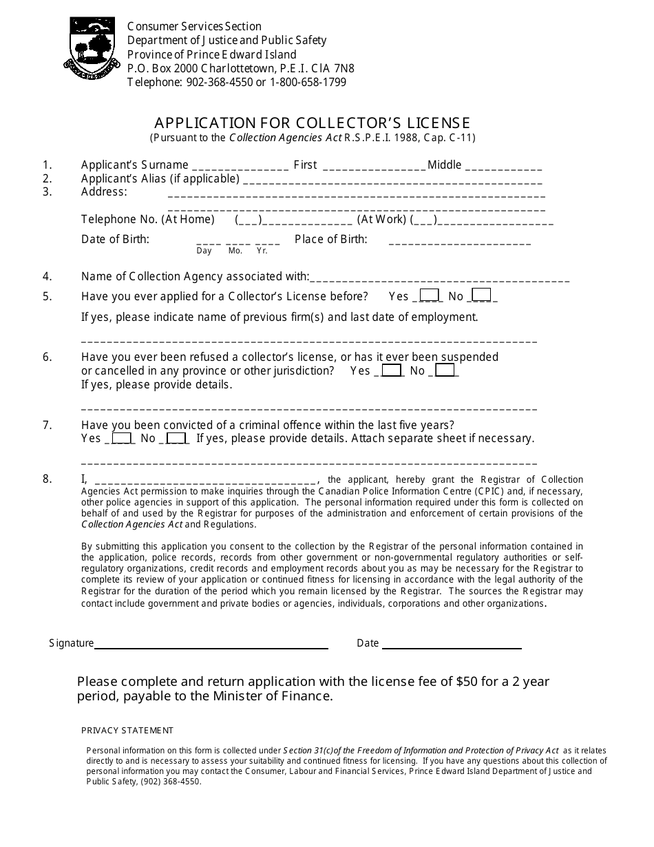 Application for Collectors License - Prince Edward Island, Canada, Page 1