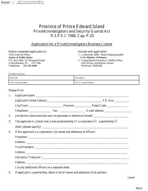 Application for a Private Investigators Business License - Prince Edward Island, Canada Download Pdf