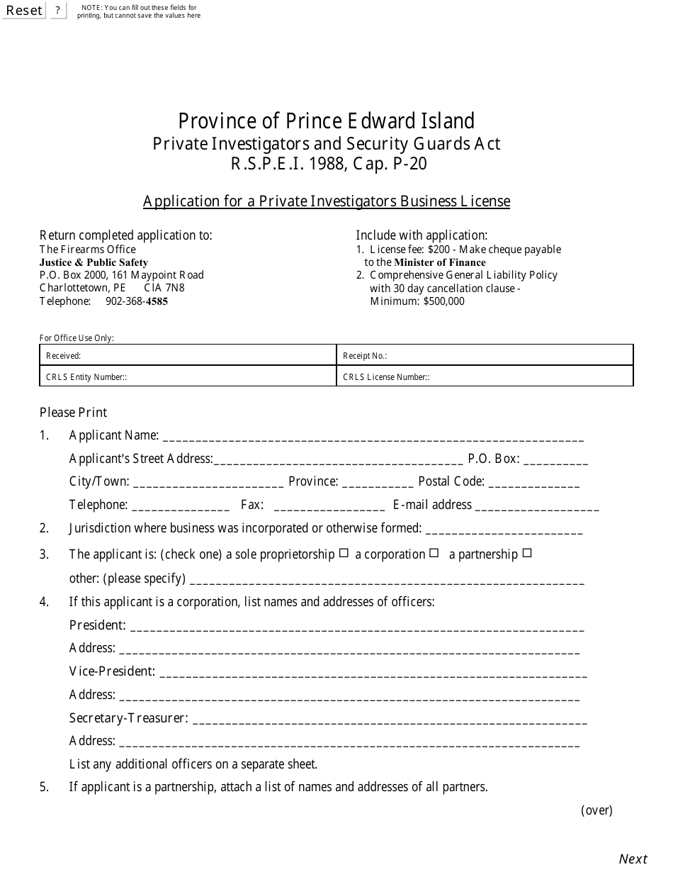 Application for a Private Investigators Business License - Prince Edward Island, Canada, Page 1