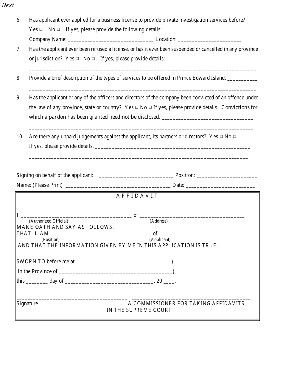Application for a Private Investigators Business License - Prince Edward Island, Canada, Page 2
