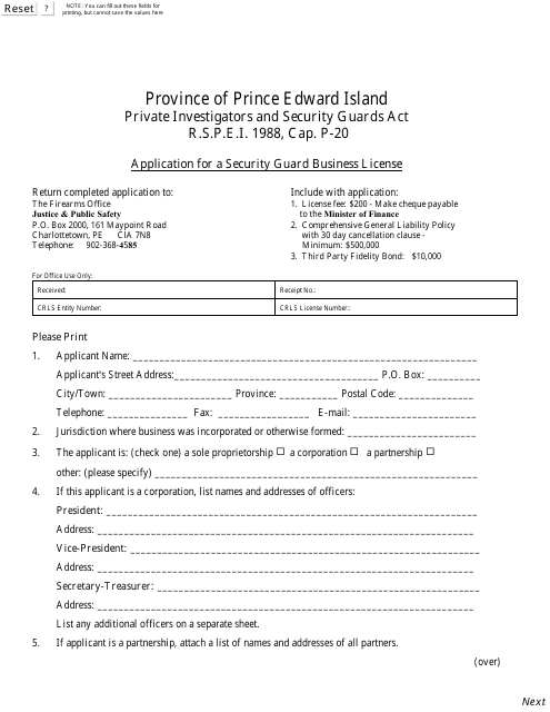 Application for a Security Guard Business License - Prince Edward Island, Canada Download Pdf