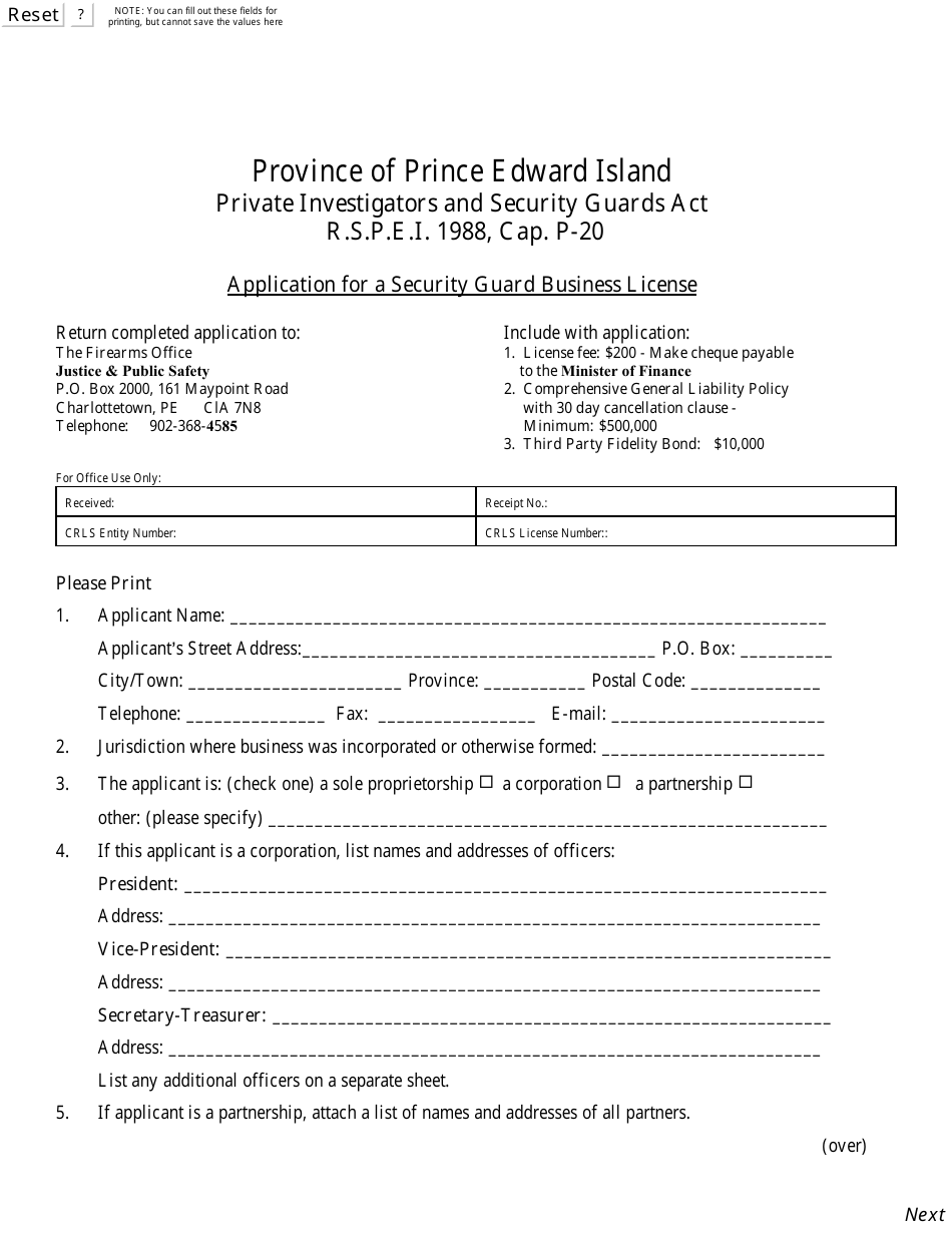 Application for a Security Guard Business License - Prince Edward Island, Canada, Page 1