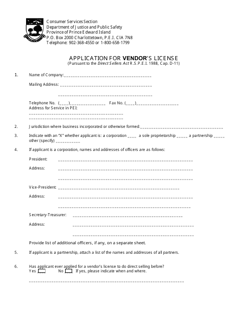 Direct Sellers Vendor's License Application Form - Prince Edward Island, Canada Download Pdf