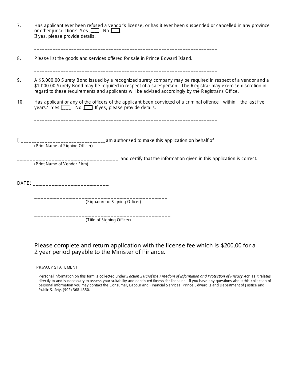 Direct Sellers Vendors License Application Form - Prince Edward Island, Canada, Page 2