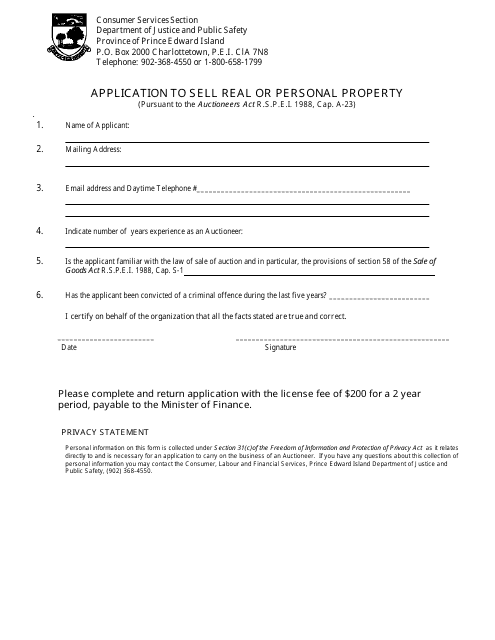 Application to Sell Real or Personal Property - Prince Edward Island, Canada Download Pdf