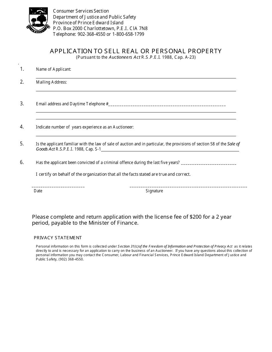 Application to Sell Real or Personal Property - Prince Edward Island, Canada, Page 1