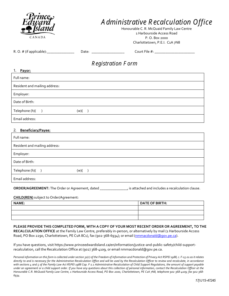 Recalculation Office Filing Information Registration Form - Prince Edward Island, Canada, Page 1