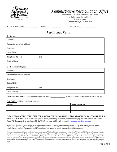 Recalculation Office Filing Information Registration Form - Prince Edward Island, Canada