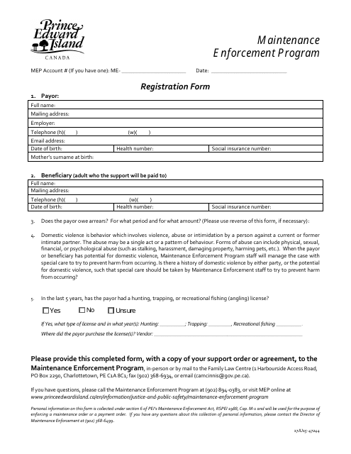 Maintenance Enforcement Program Registration Form - Prince Edward Island, Canada Download Pdf