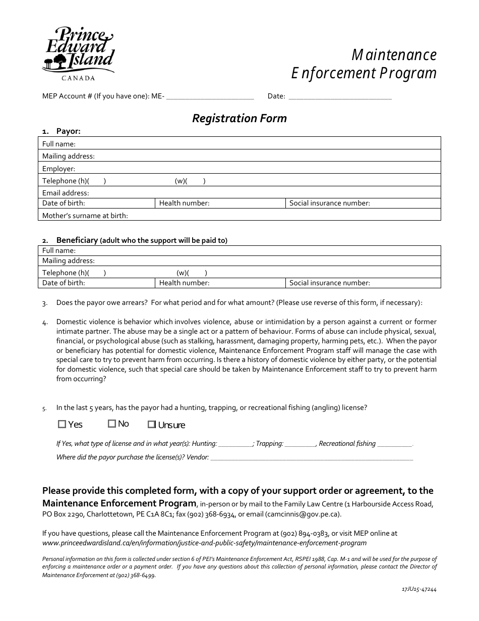 Maintenance Enforcement Program Registration Form - Prince Edward Island, Canada, Page 1