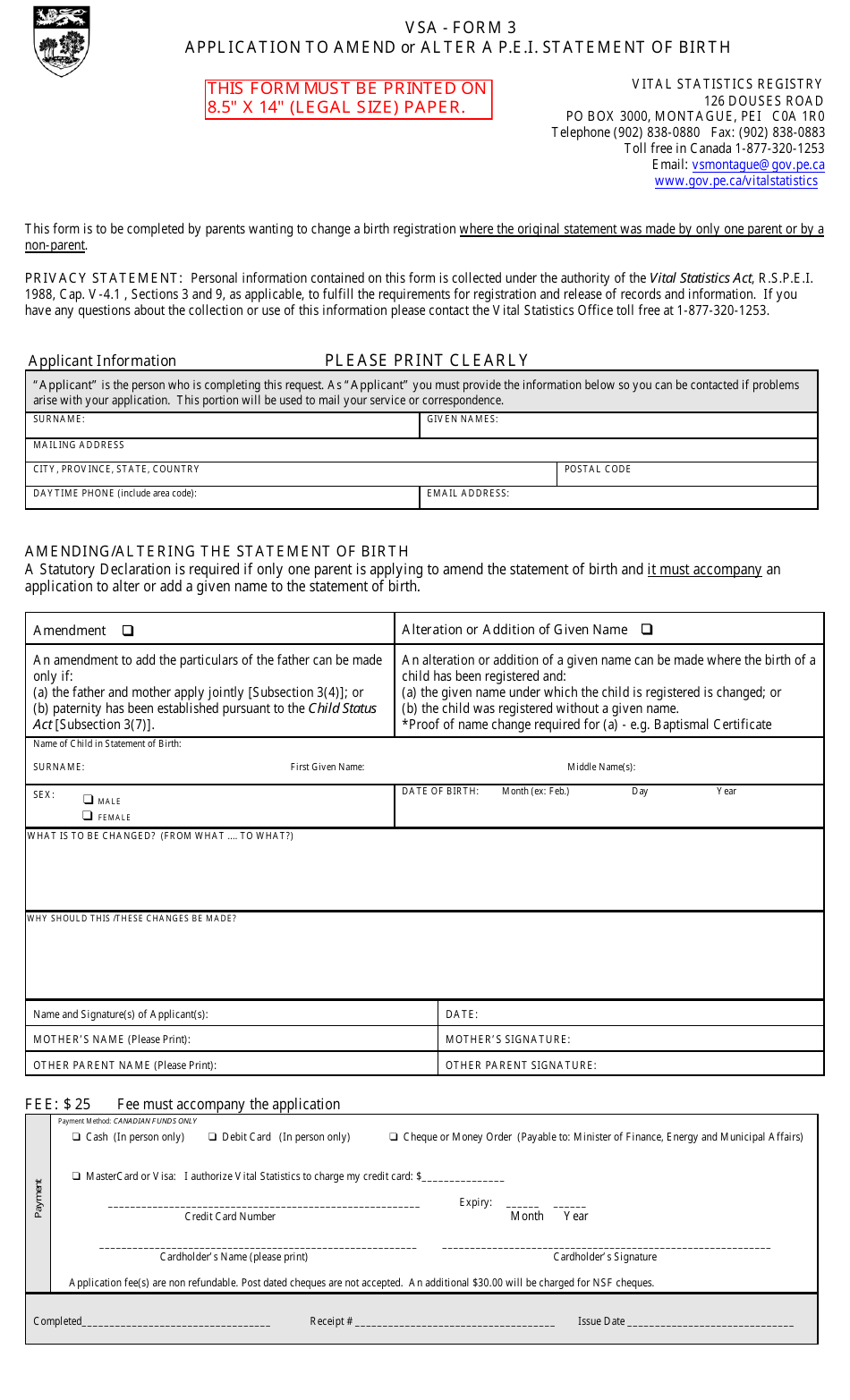 VSA Form 3 Application to Amend or Alter a P.e.i. Statement of Birth - Prince Edward Island, Canada, Page 1