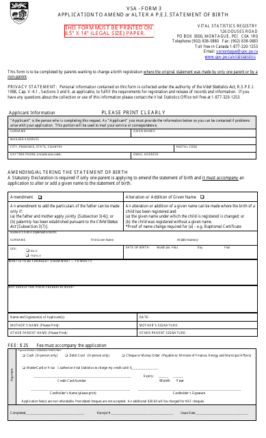 VSA Form 3 Application to Amend or Alter a P.e.i. Statement of Birth - Prince Edward Island, Canada