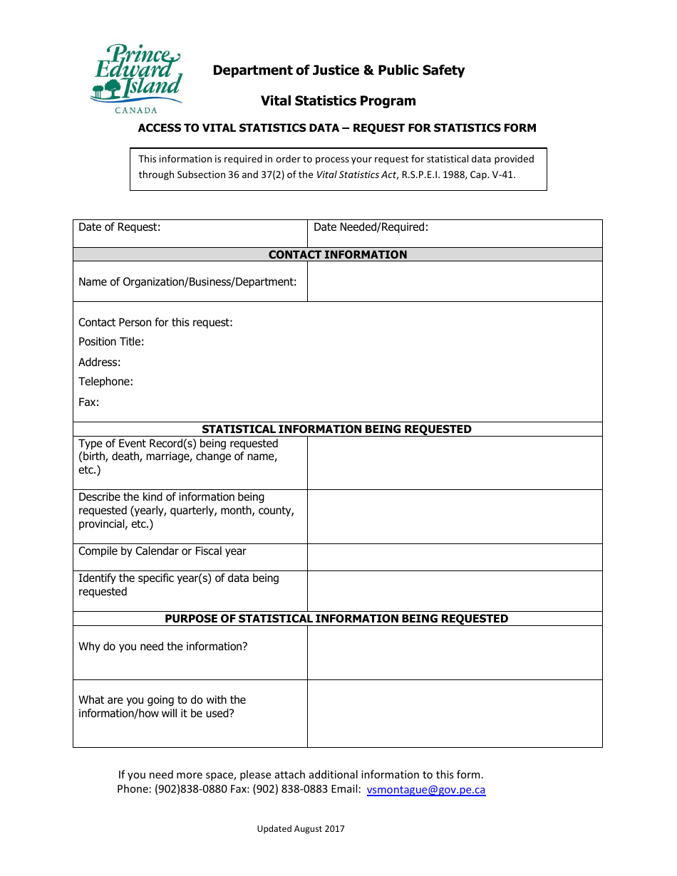 Access to Vital Statistics Data  Request for Statistics Form - Prince Edward Island, Canada, Page 1