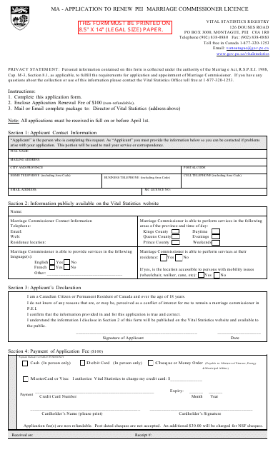 Application to Renew Pei Marriage Commissioner Licence - Prince Edward Island, Canada Download Pdf